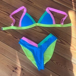 OneOne Kameron Bondi Two Piece Bikini Set Pink blue yellow Sz Small SET
